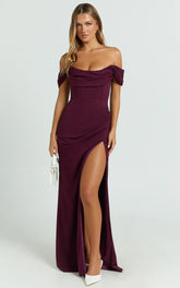 Marcel Maxi Dress - Off Shoulder Corset High Split Dress in Wine