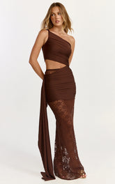 Ferguson Maxi Dress - One Shoulder Draped Jersey and Lace Dress in Chocolate