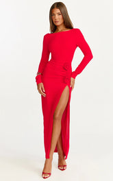 Vivienne Maxi Dress - Boat Neck Long Sleeve Rosette Detail Dress in Red
