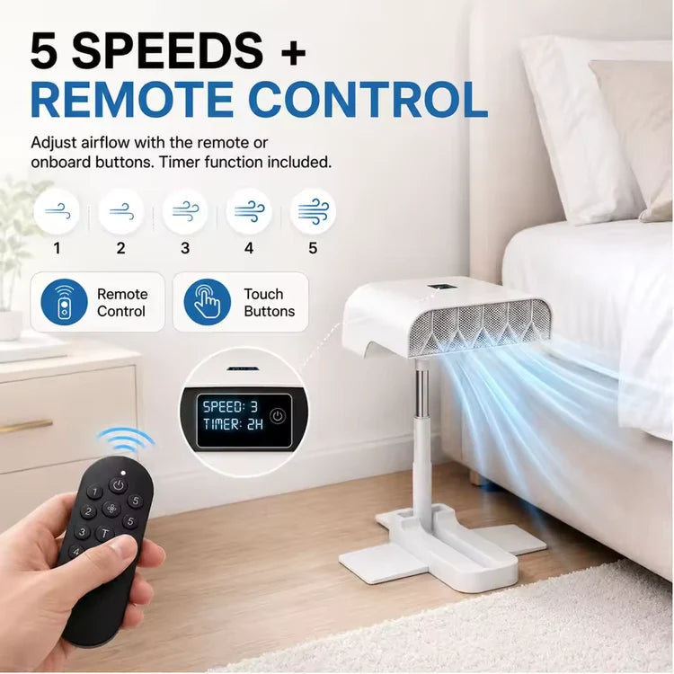 Under Blanket Air Circulation Fan With Remote Control 5 Adjustable Wind Speeds Quiet Bed Cooling Fan