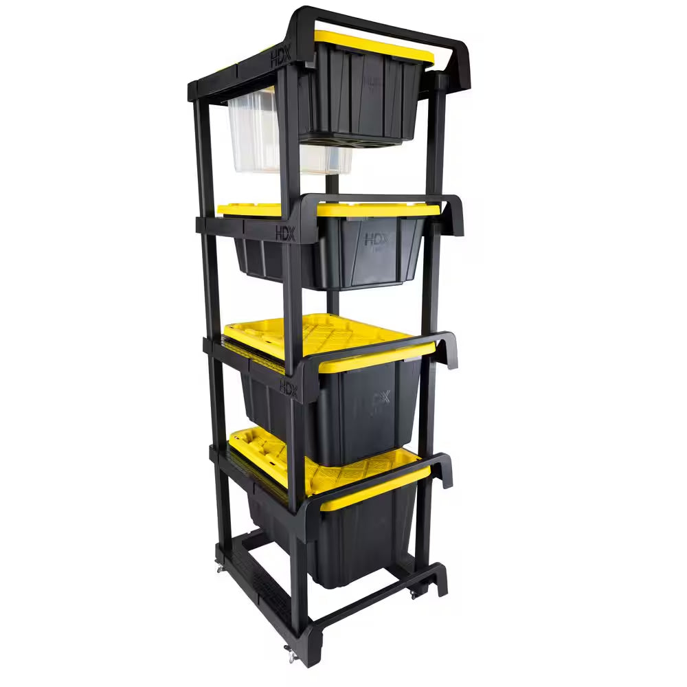 4 Tier Plastic Shelving Tote Stacker with Casters