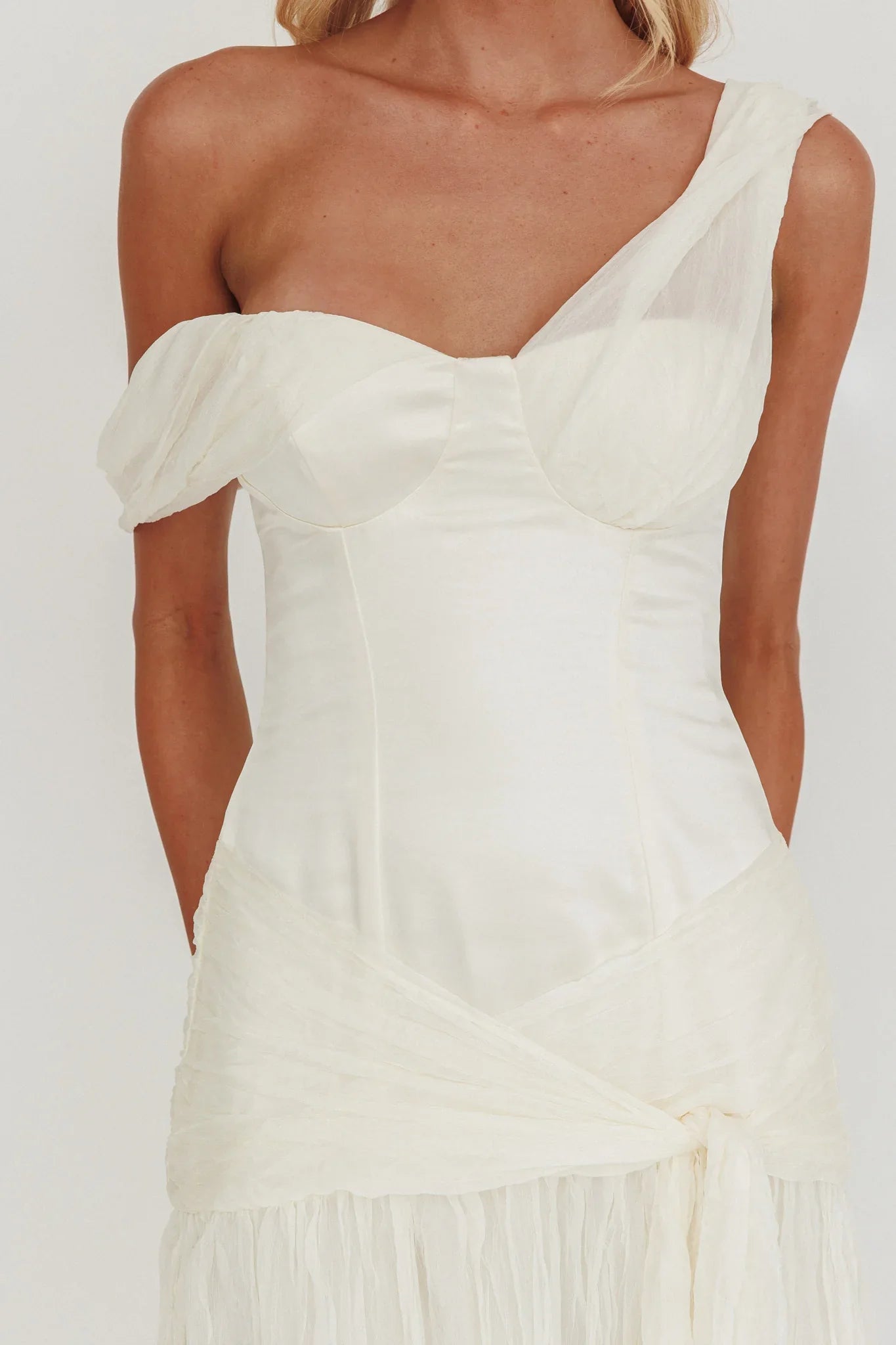 Keia Crepe Chiffon One-Shoulder Maxi Dress Oyster