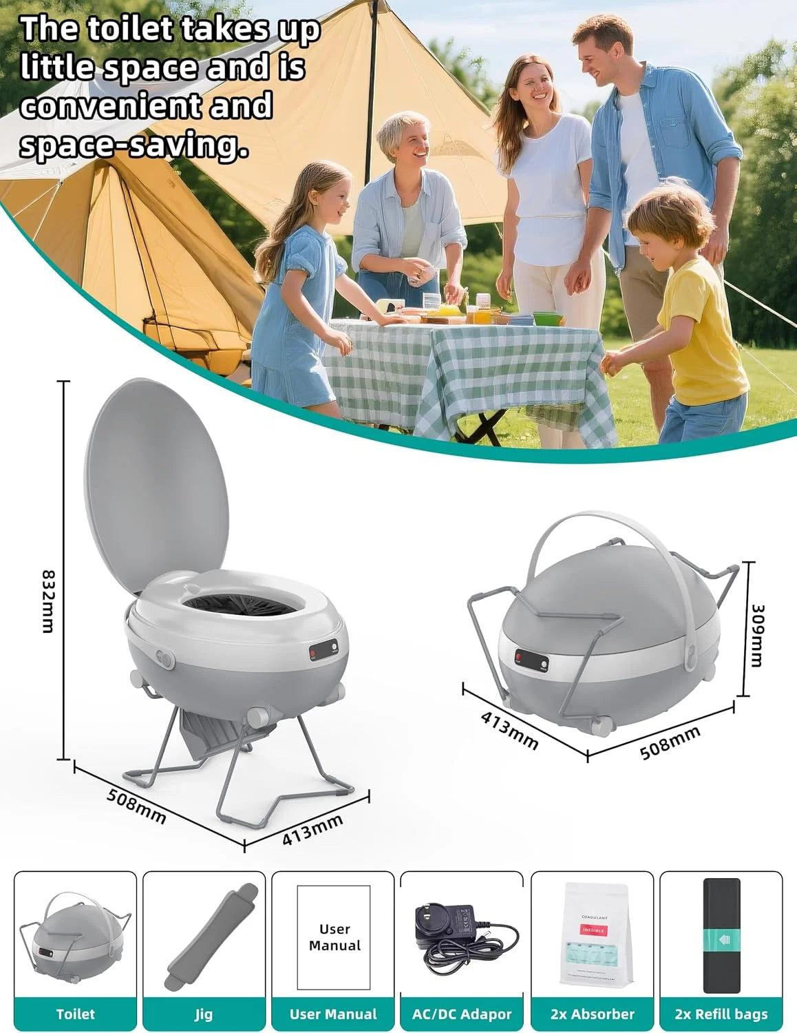 Portable Electric Dry Flush Toilet | Waterless & Rechargeable for Camping, RV & Road Trips